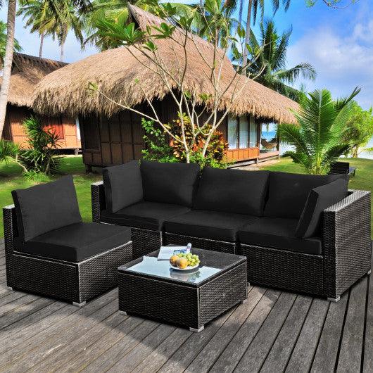 5 Pieces Cushioned Patio Rattan Furniture Set with Glass Table-Black at Set Shop and Smile