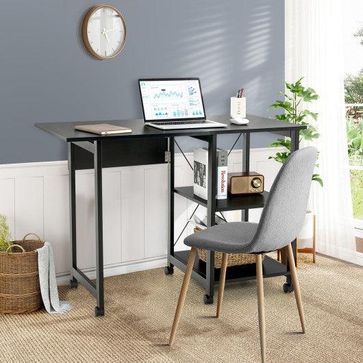 Folding Writing Office Desk with Storage Shelves-Black at Set Shop and Smile