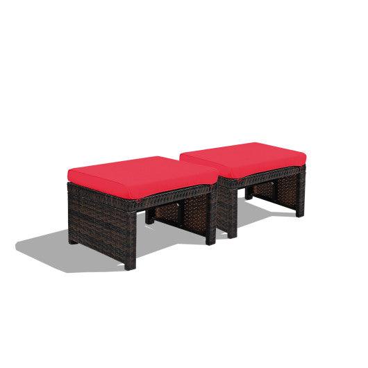 2 Pieces Patio Rattan Ottomans with Soft Cushion for Patio and Garden-Red at Set Shop and Smile