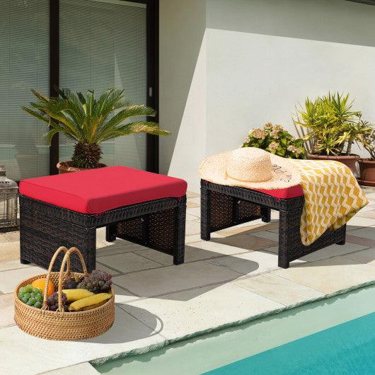 2 Pieces Patio Rattan Ottomans with Soft Cushion for Patio and Garden-Red at Set Shop and Smile