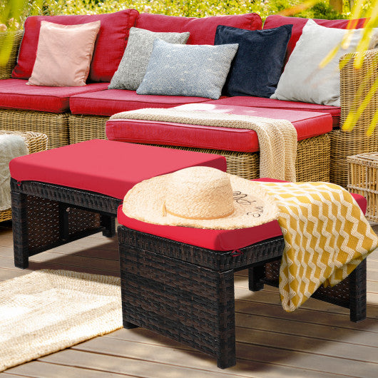 2 Pieces Patio Rattan Ottomans with Soft Cushion for Patio and Garden-Red - Set Shop and Smile