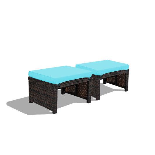 2 Pieces Patio Rattan Ottomans with Soft Cushion for Patio and Garden-Turquoise at Set Shop and Smile