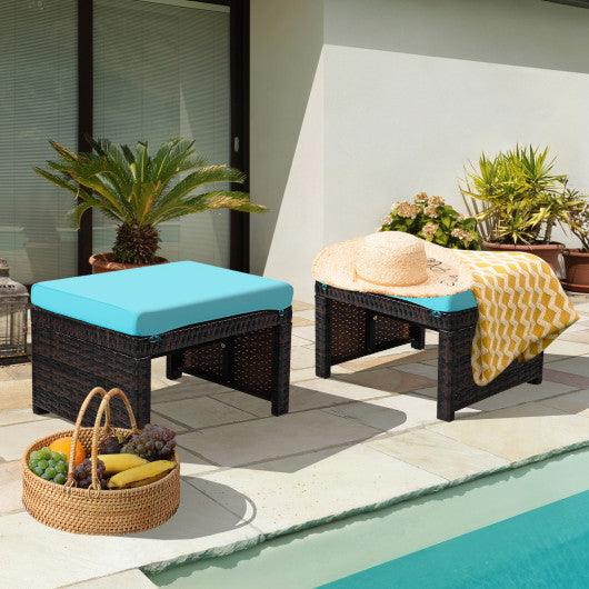 2 Pieces Patio Rattan Ottomans with Soft Cushion for Patio and Garden-Turquoise at Set Shop and Smile