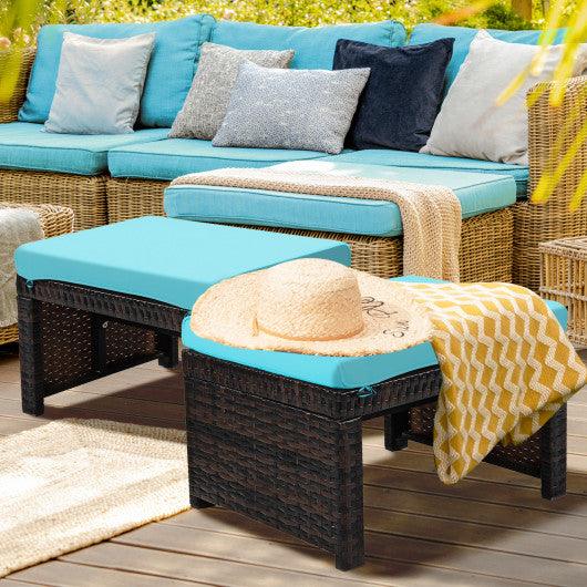 2 Pieces Patio Rattan Ottomans with Soft Cushion for Patio and Garden-Turquoise at Set Shop and Smile
