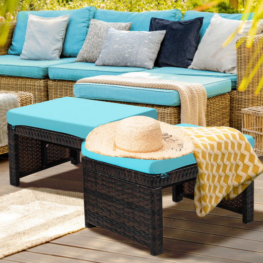 2 Pieces Patio Rattan Ottomans with Soft Cushion for Patio and Garden-Turquoise - Set Shop and Smile