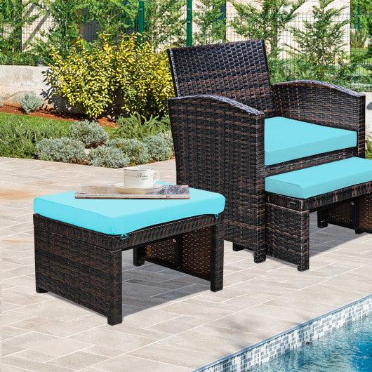 2 Pieces Patio Rattan Ottomans with Soft Cushion for Patio and Garden-Turquoise at Set Shop and Smile