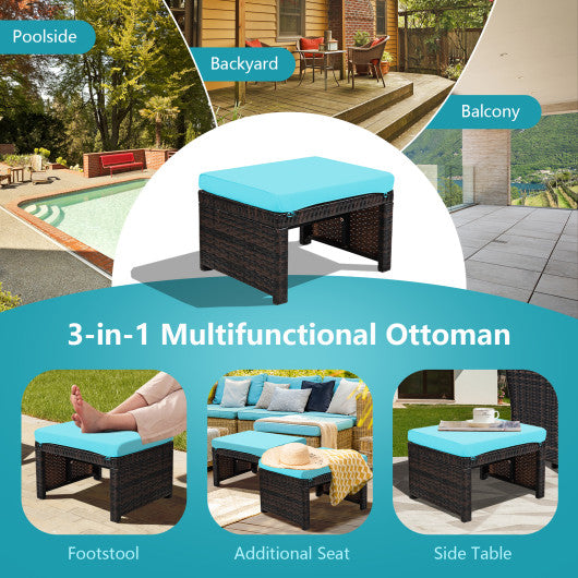2 Pieces Patio Rattan Ottomans with Soft Cushion for Patio and Garden-Turquoise - Set Shop and Smile