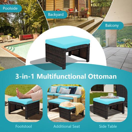 2 Pieces Patio Rattan Ottomans with Soft Cushion for Patio and Garden-Turquoise at Set Shop and Smile