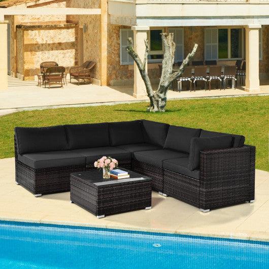 6 Pieces Patio Rattan Furniture Set with Cushions and Glass Coffee Table-Black at Set Shop and Smile
