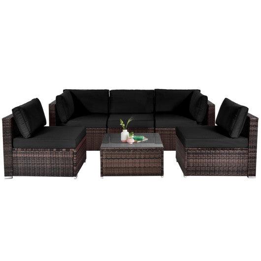 6 Pieces Patio Rattan Furniture Set with Cushions and Glass Coffee Table-Black at Set Shop and Smile