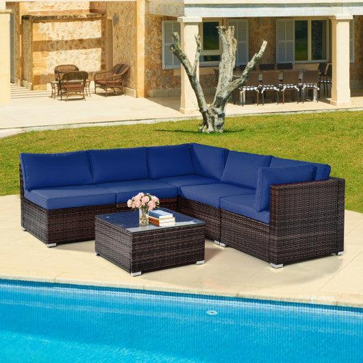 6 Pieces Patio Rattan Furniture Set with Cushions and Glass Coffee Table-Navy at Set Shop and Smile