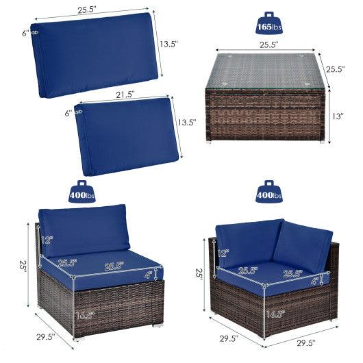 6 Pieces Patio Rattan Furniture Set with Cushions and Glass Coffee Table-Navy at Set Shop and Smile
