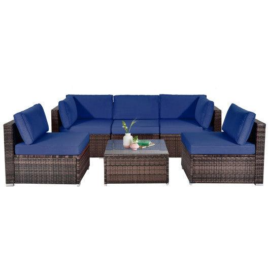6 Pieces Patio Rattan Furniture Set with Cushions and Glass Coffee Table-Navy at Set Shop and Smile