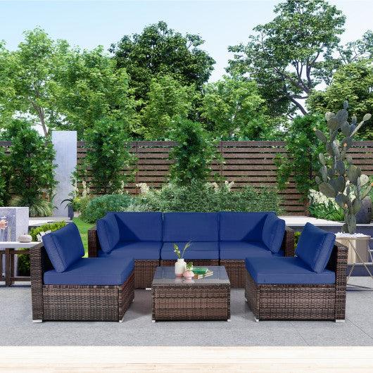 6 Pieces Patio Rattan Furniture Set with Cushions and Glass Coffee Table-Navy at Set Shop and Smile