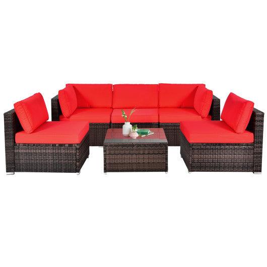 6 Pieces Patio Rattan Furniture Set with Cushions and Glass Coffee Table-Red at Set Shop and Smile