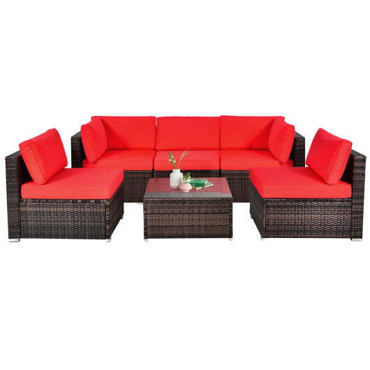 6 Pieces Patio Rattan Furniture Set with Cushions and Glass Coffee Table-Red - Set Shop and Smile