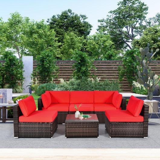 6 Pieces Patio Rattan Furniture Set with Cushions and Glass Coffee Table-Red at Set Shop and Smile