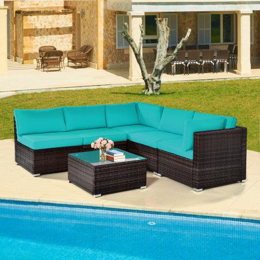 6 Pieces Patio Rattan Furniture Set with Cushions and Glass Coffee Table-Turquoise at Set Shop and Smile