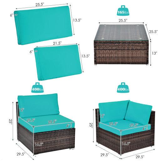 6 Pieces Patio Rattan Furniture Set with Cushions and Glass Coffee Table-Turquoise at Set Shop and Smile