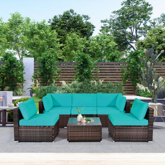 6 Pieces Patio Rattan Furniture Set with Cushions and Glass Coffee Table-Turquoise at Set Shop and Smile