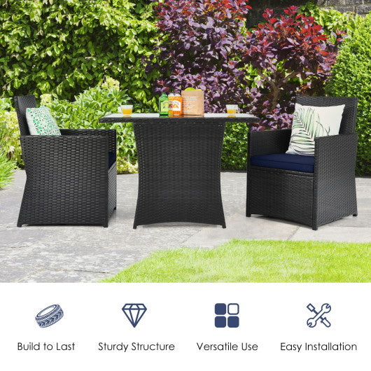 3 Pieces Patio Rattan Furniture Set with Cushion and Sofa Armrest-Navy - Set Shop and Smile