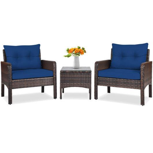 3 Pieces Outdoor Patio Rattan Conversation Set with Seat Cushions-Navy at Set Shop and Smile