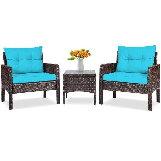 3 Pcs Outdoor Patio Rattan Conversation Set with Seat Cushions-Turquoise at Set Shop and Smile