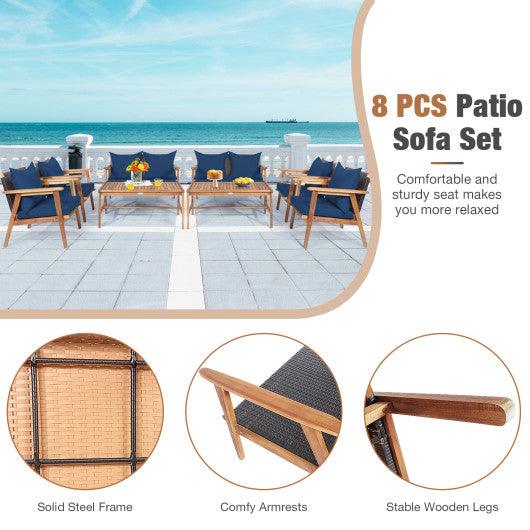 4 Piece Acacia Wood Patio Rattan Furniture Set-Navy at Set Shop and Smile