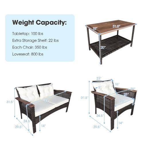 4 Pieces Patio Rattan Acacia Wood Furniture Set with Cushions and Armrest at Set Shop and Smile