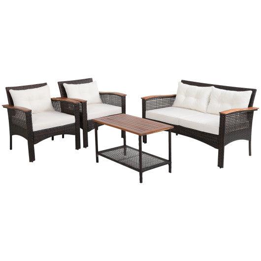 4 Pieces Patio Rattan Acacia Wood Furniture Set with Cushions and Armrest at Set Shop and Smile