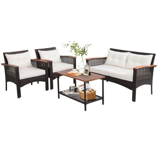 4 Pieces Patio Rattan Acacia Wood Furniture Set with Cushions and Armrest at Set Shop and Smile