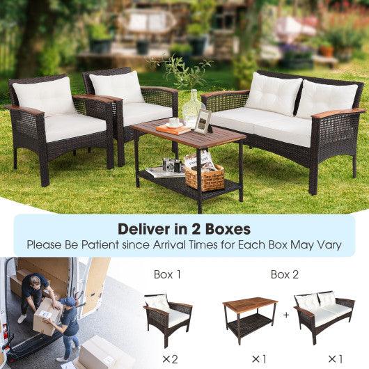 4 Pieces Patio Rattan Acacia Wood Furniture Set with Cushions and Armrest at Set Shop and Smile