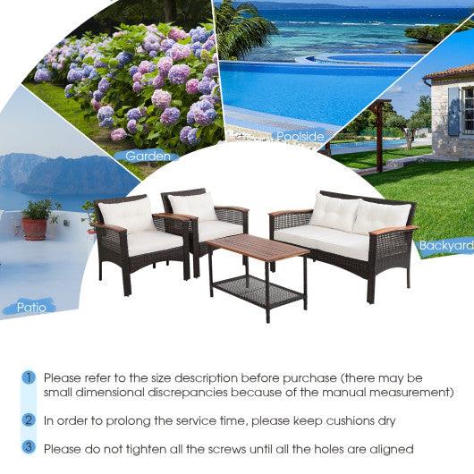 4 Pieces Patio Rattan Acacia Wood Furniture Set with Cushions and Armrest at Set Shop and Smile
