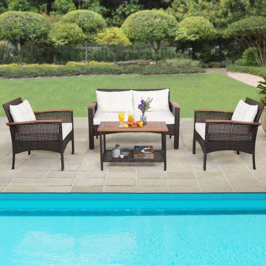 4 Pieces Patio Rattan Acacia Wood Furniture Set with Cushions and Armrest at Set Shop and Smile