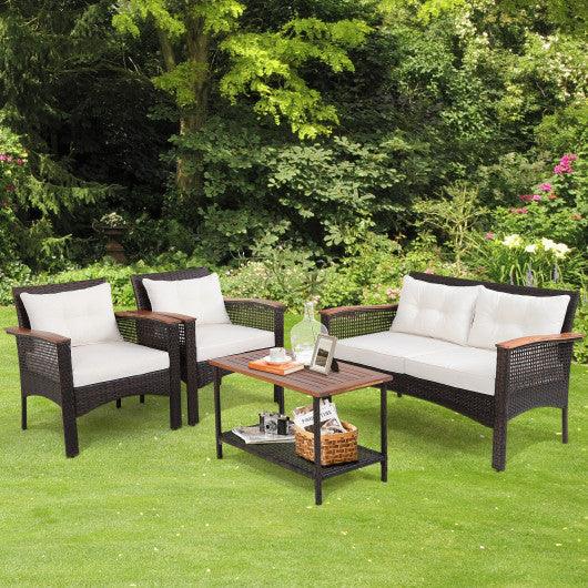 4 Pieces Patio Rattan Acacia Wood Furniture Set with Cushions and Armrest at Set Shop and Smile