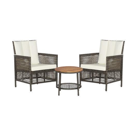 3 Pieces Patio Rattan Furniture Set with Cushioned Sofas and Wood Table Top-White at Set Shop and Smile