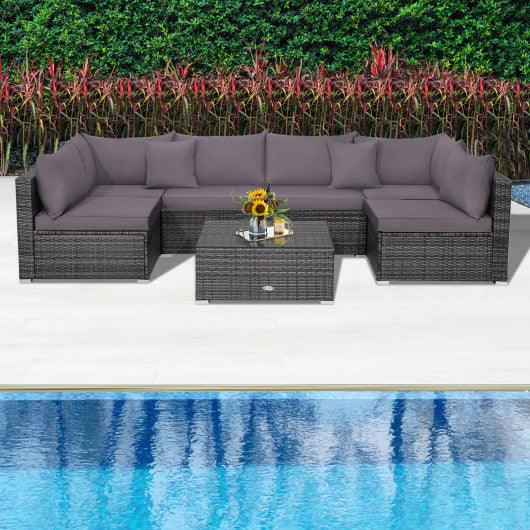 7 Pieces Patio Rattan Furniture Set Sectional Sofa Garden Cushion-Gray at Set Shop and Smile