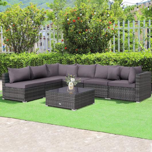 7 Pieces Patio Rattan Furniture Set Sectional Sofa Garden Cushion-Gray at Set Shop and Smile