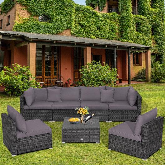 7 Pieces Patio Rattan Furniture Set Sectional Sofa Garden Cushion-Gray at Set Shop and Smile