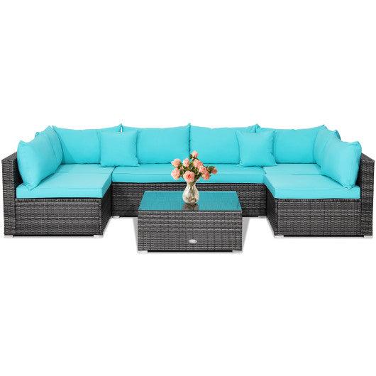 7 Pieces Patio Rattan Furniture Set with Sectional Sofa Cushioned-Turquoise at Set Shop and Smile