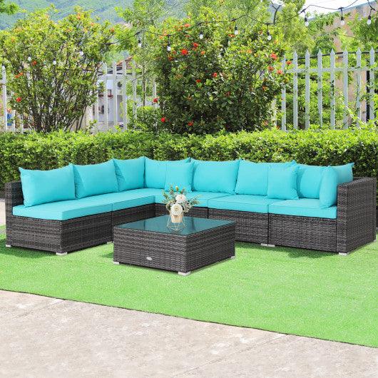 7 Pieces Patio Rattan Furniture Set with Sectional Sofa Cushioned-Turquoise at Set Shop and Smile