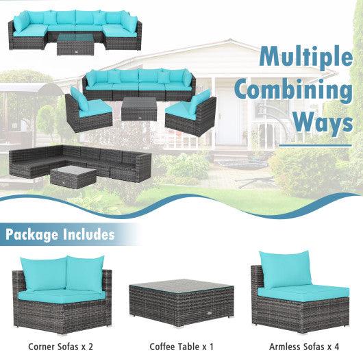 7 Pieces Patio Rattan Furniture Set with Sectional Sofa Cushioned-Turquoise at Set Shop and Smile