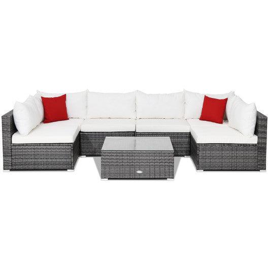 7 Pieces Patio Rattan Furniture Set Sectional Sofa Garden Cushion-White at Set Shop and Smile