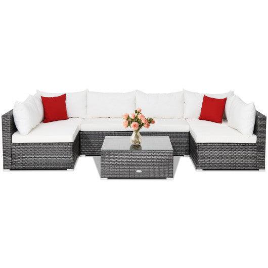 7 Pieces Patio Rattan Furniture Set Sectional Sofa Garden Cushion-White at Set Shop and Smile
