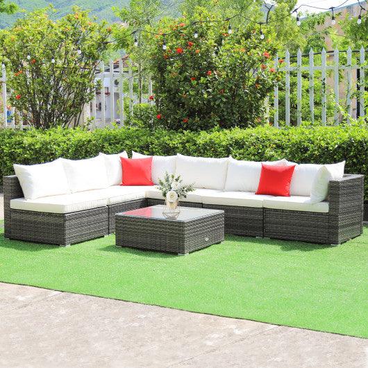 7 Pieces Patio Rattan Furniture Set Sectional Sofa Garden Cushion-White at Set Shop and Smile