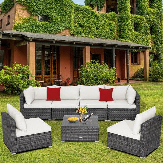 7 Pieces Patio Rattan Furniture Set Sectional Sofa Garden Cushion-White at Set Shop and Smile