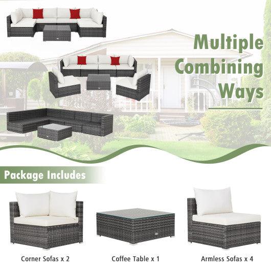 7 Pieces Patio Rattan Furniture Set Sectional Sofa Garden Cushion-White at Set Shop and Smile