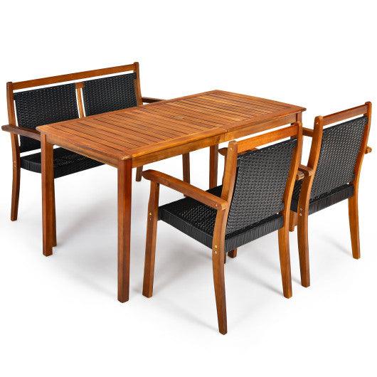 4 Pieces Acacia Wood Patio Rattan Dining Furniture Set at Set Shop and Smile