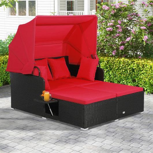 Patio Rattan Daybed with Retractable Canopy and Side Tables-Red at Set Shop and Smile