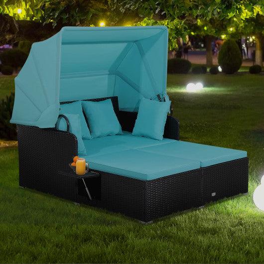 Patio Rattan Daybed with Retractable Canopy and Side Tables-Turquoise at Set Shop and Smile